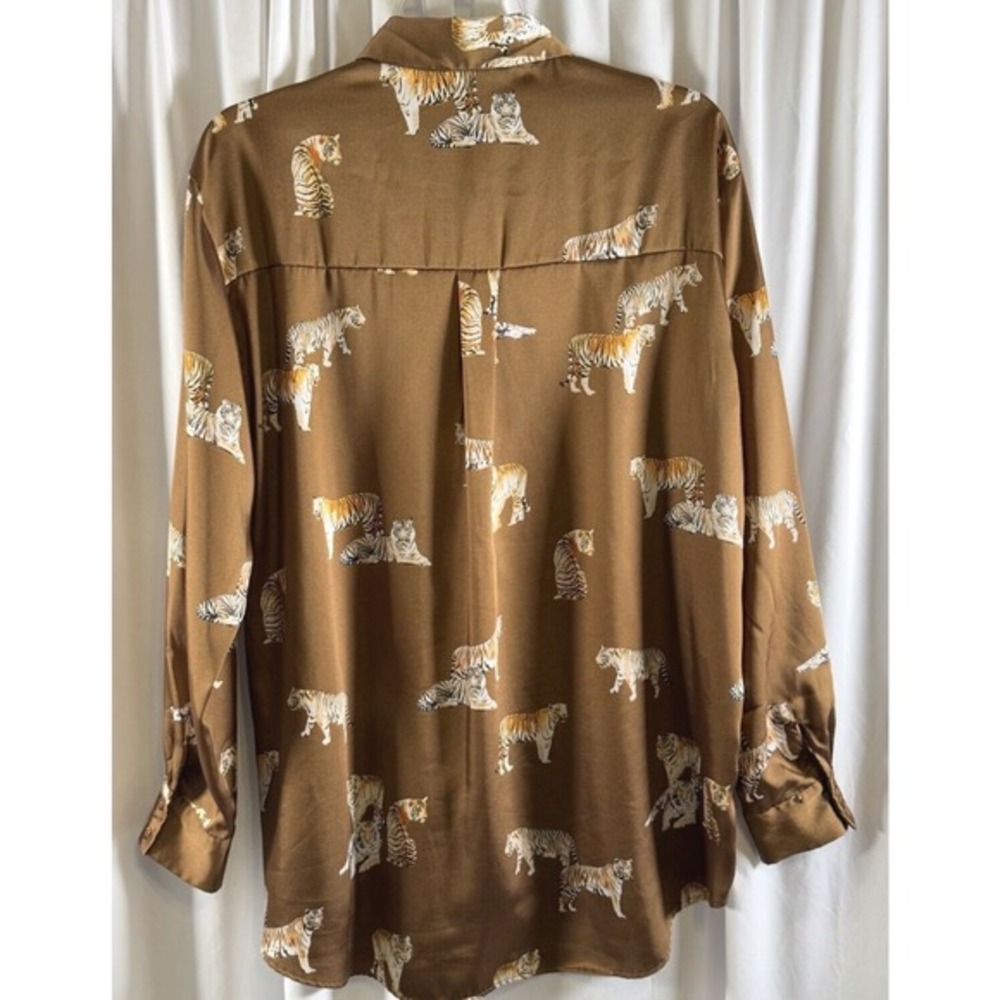 ZARA‎ Tiger Print Long Sleeve Button Down Shirt Women's L Brown Preppy  72-27 - Picture 4 of 15